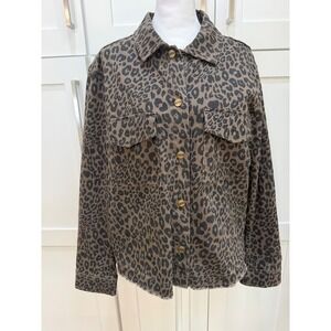 Sanctuary Womens Leopard Print Denim Jacket Utility Shirt Jacket Brown L